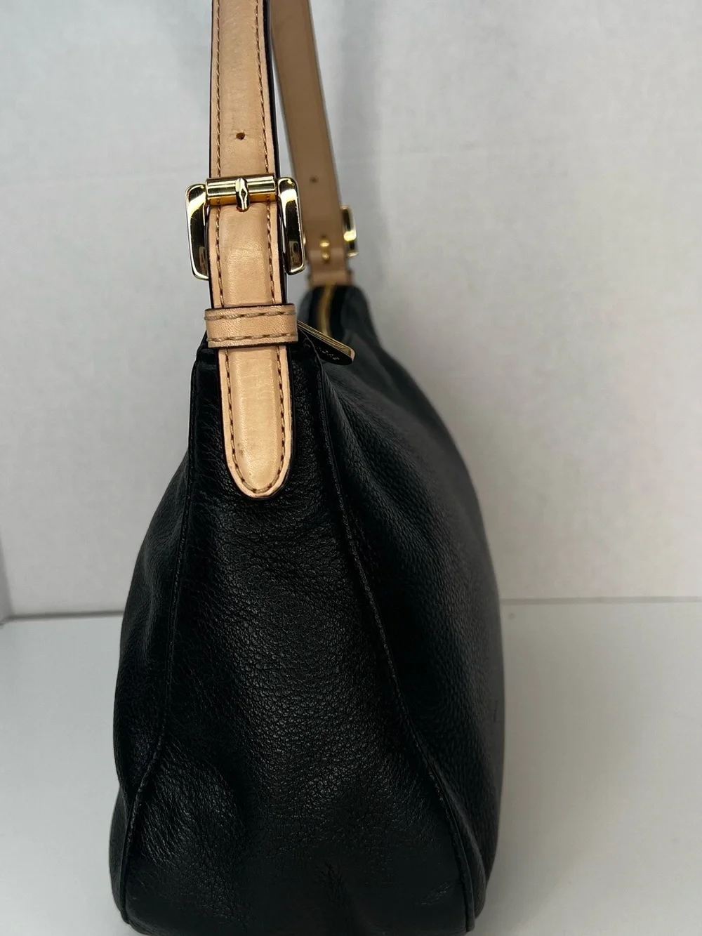 Michael Kors Black Pebbled Leather Shoulder Bag with Tan Trim